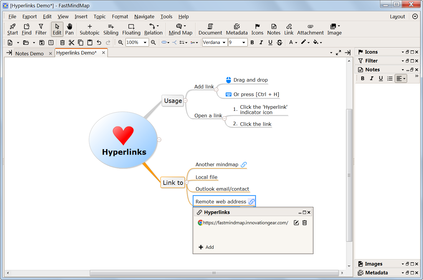 Hyperlinks in a mindmap/concept map