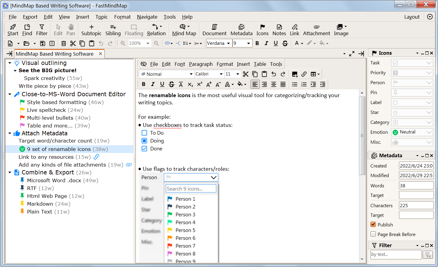 Outliner view of FastMindMap