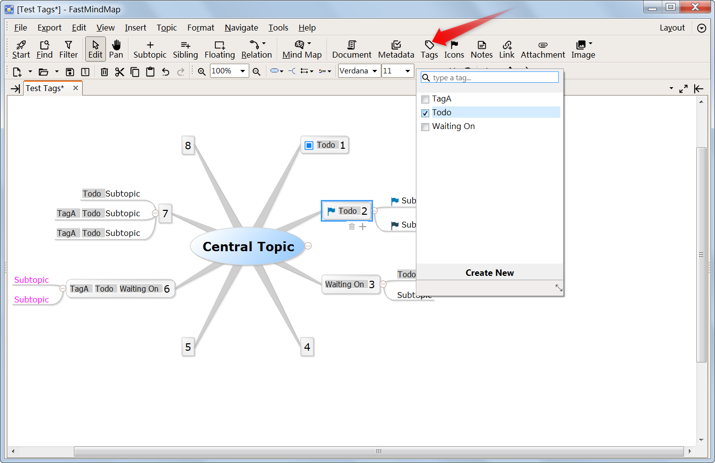 Attach text tags to topics in a mindmap/concept map